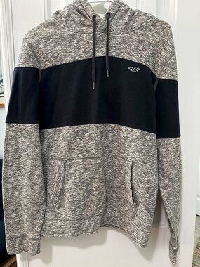 Hollister Colorblock Pullover Hoodie, Grey Navy Chest Stripe, White Seagull Logo